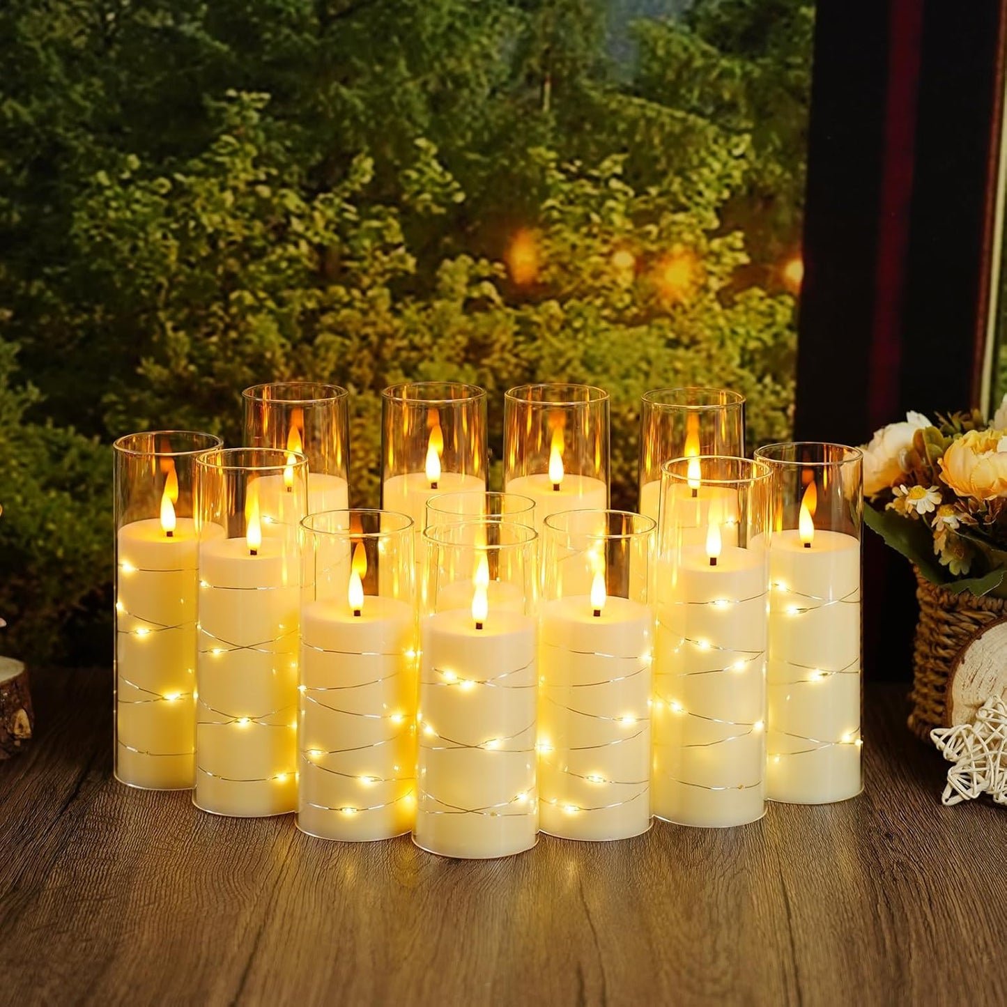 Flameless Candles with Embedded Star String - Battery Operated LED Candles, with Remote,12 Ivory Flickering Candles for Christmas, Weddings, Home Decor & Party,(D 2.3"×H 5" 6" 7")