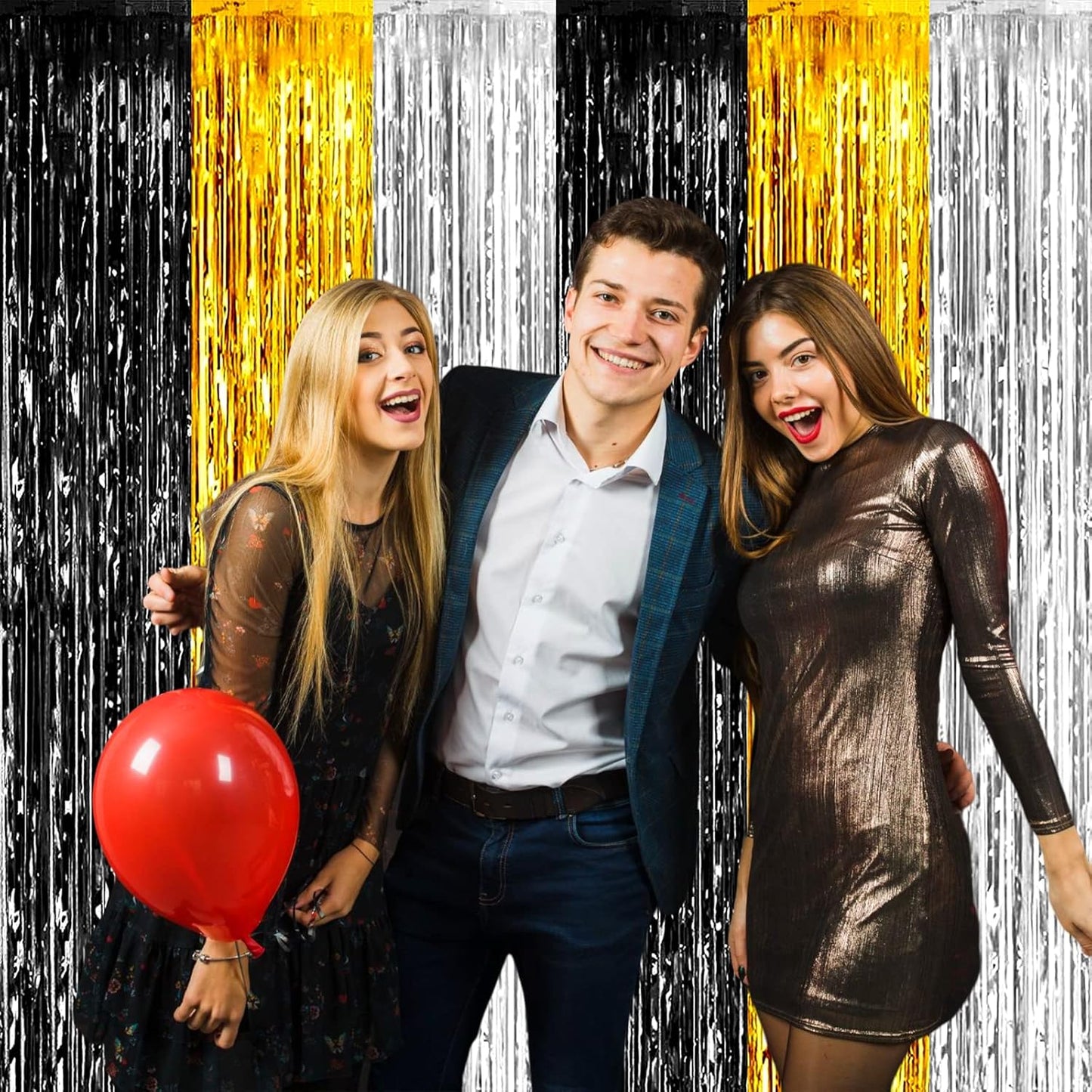 4 Pack Black Gold Silver Foil Fringe Curtain Backdrop, 3.28Ft x 9.8Ft Metallic Tinsel Foil Fringe Streamers for Photo Booth, Wedding, Notorious One Birthday Roaring 20s Graduation Party Decoration