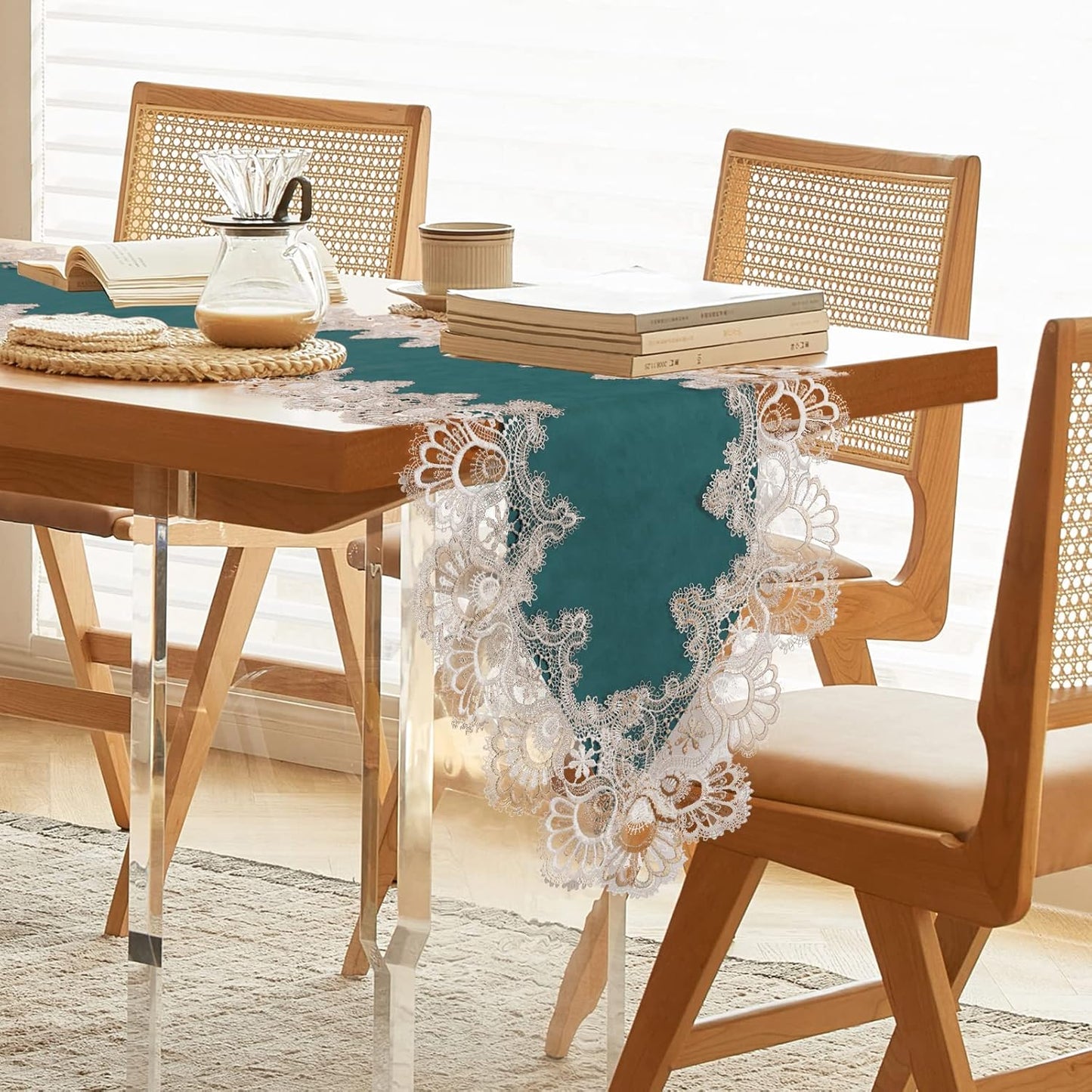 Vintage Lace Dining Table Runner, Small Macrame Coffee Table Runners 48 inches Long for Kitchen Home Christmas Party Decorations (16x48 inch, Cyan)