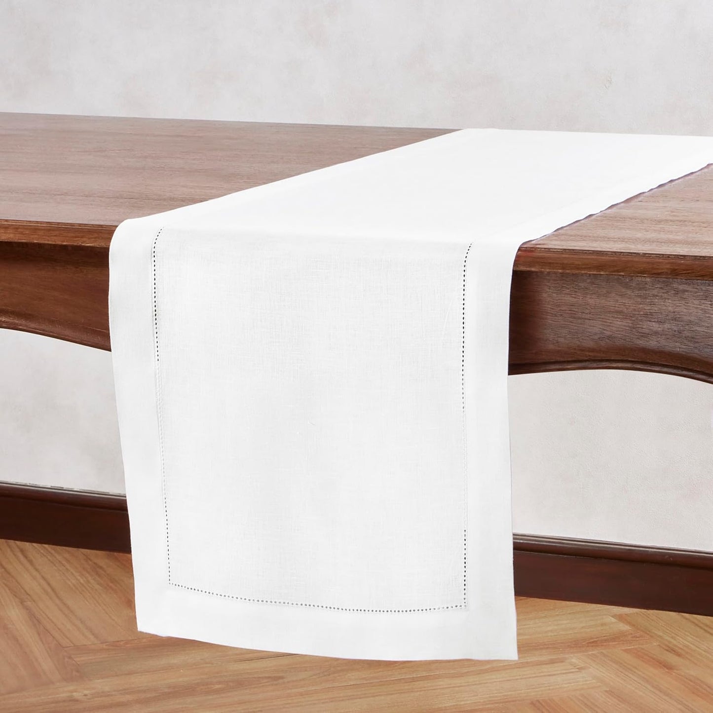 Linen Table Runner 48 inches – 100% Pure Linen Off White Medium Weight Hemstitch Table Runner 14 x 48 Inch – Ideal for Dresser and Coffee Tables, Spring, Summer, Wedding Gift – Azure