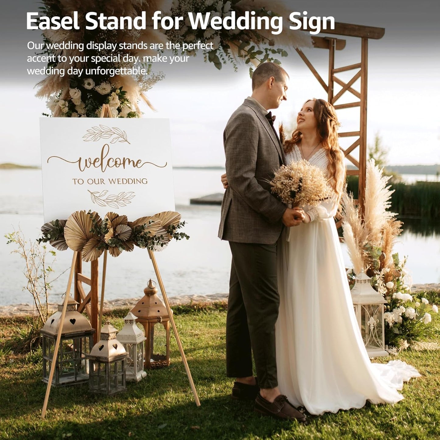 NianFeng Wooden Easel Stand for Sign, Easel Display Stand Floor for Wedding Sign with Adjustable Tray, 63-Inch, Tripod A-Frame Poster Light Duty, Welcome, Art Show & Baby Shower (Natural)
