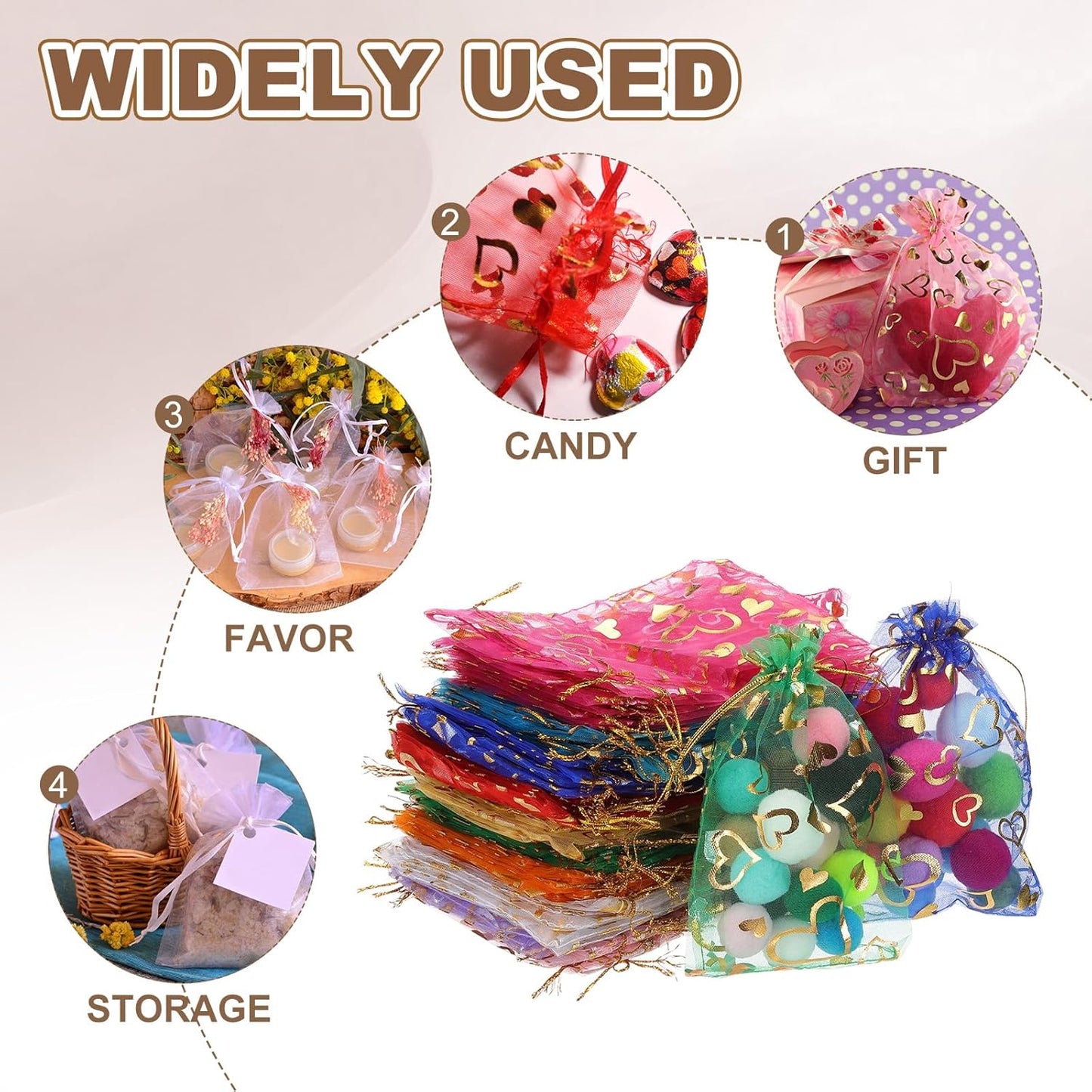 PATIKIL 100 Pcs 4x6 Inch Heart Printed Organza Bags, 10 Color Sheer Heart Organza Bags with Drawstring for Christmas Candy Jewelry Party Wedding Favor Gift