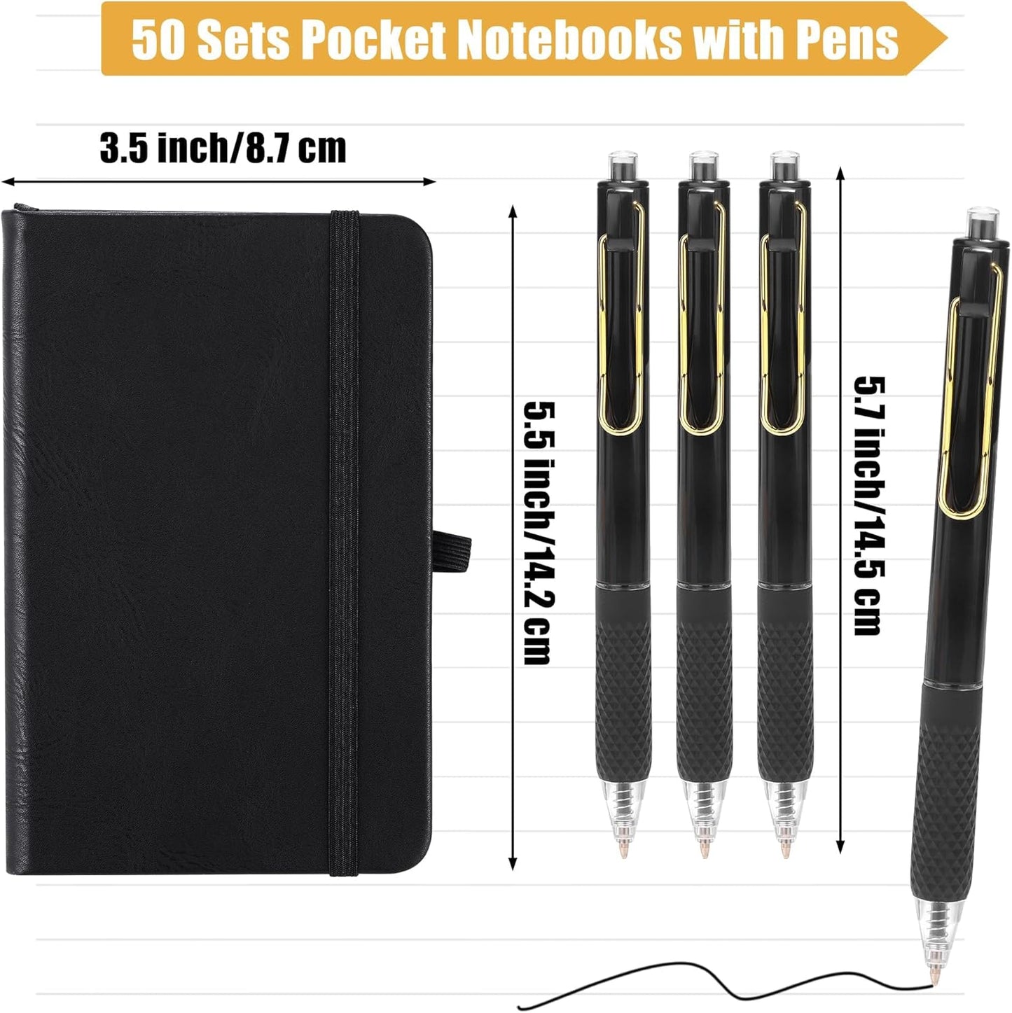 Aodaer 50 Sets Pocket Notebook Journal with Pens, 160 Pages, 3.5 x 5.5 Inch Mini Lined Journal Notebook A6 Leather Hardcover College Ruled Notepad with Pen Holder for School Office Gifts, Black