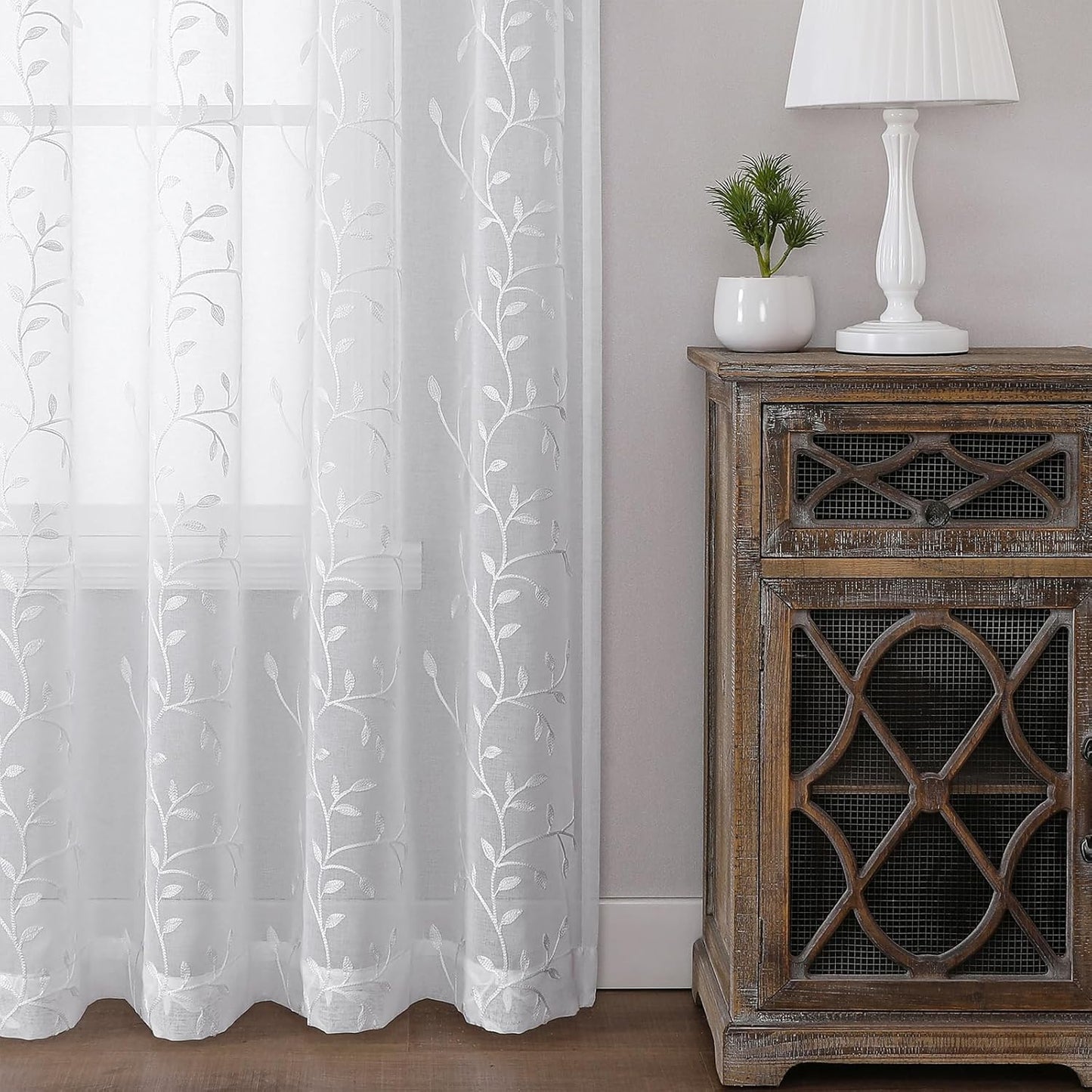 VISIONTEX White Sheer Voile Curtains, Decorative Leaves Embroidery Faux Linen Rod Pocket Window Drapes for Home Kitchen, Living Room and Bedroom 54 x 108 Inch, Set of 2 Curtain Panels