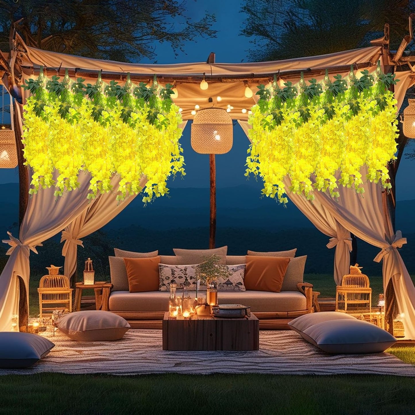 12 Pack Yellow Wisteria Hanging Flowers Garland with Lights, 3.44 Feet Artificial Flower Vines, Fake Wisteria, Artificial Vines Hanging Garland for Backdrop Outdoor Patio Garden Decor