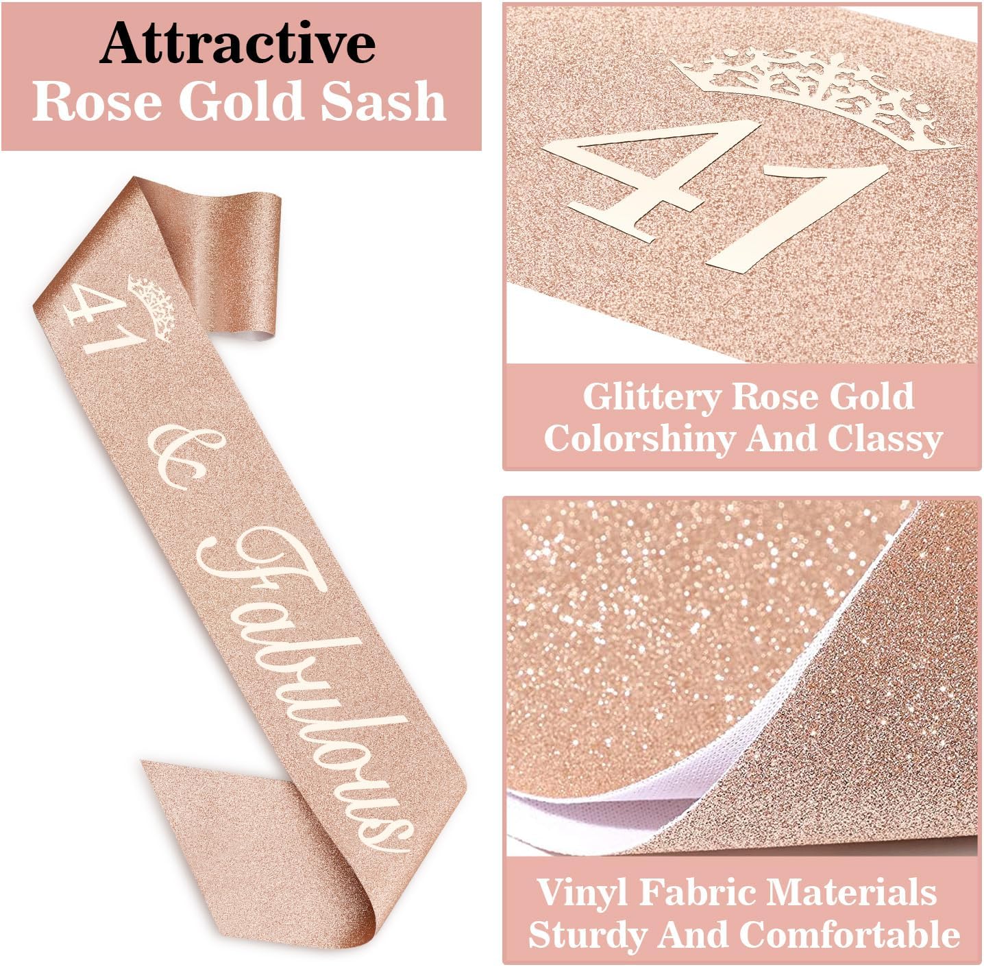 41 Birthday Decorations for Women Including Birthday Sash, Crown/Tiara, Numeral Candles and Cake Topper, 41 Year Old Gifts for Women, Rosegold Party Decor and Supplies