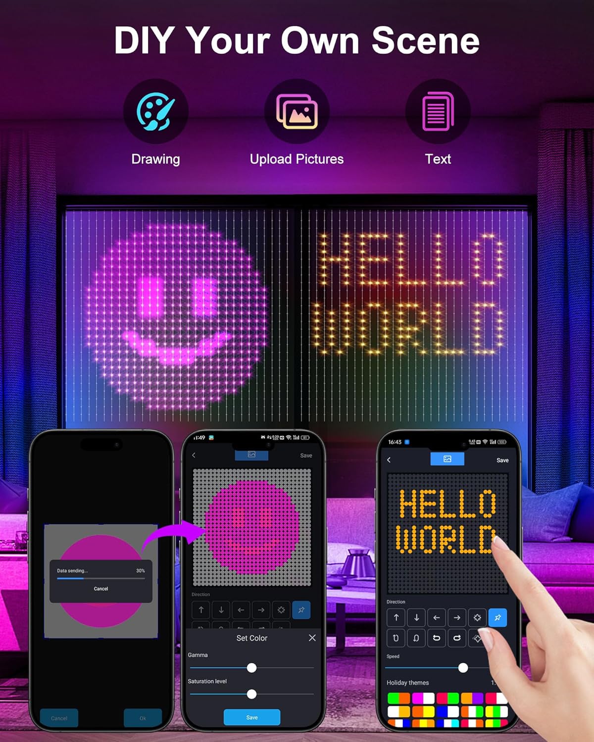 Brightown Smart Curtain String Lights App Controlled - 900 LED DIY Hanging Fairy Light Pattern and Text Programmable, Music Sync with Remote, Waterproof Smart Valentine's Party Lights Indoor Use