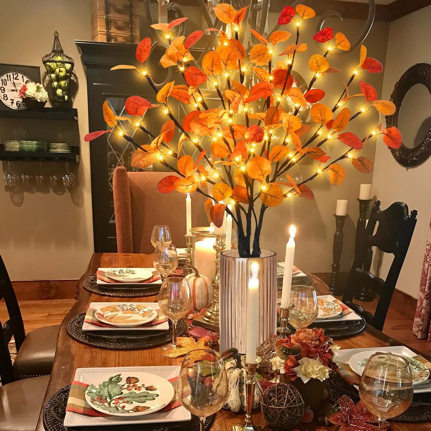 3Pcs Lighted Eucalyptus Leaves Branches, 30” Timer Fall Eucalyptus Stems with Lights,60 LEDs Battery Operated Fall Lighted Tree Branches for vases Home Wedding Table centerpieces Thanksgiving