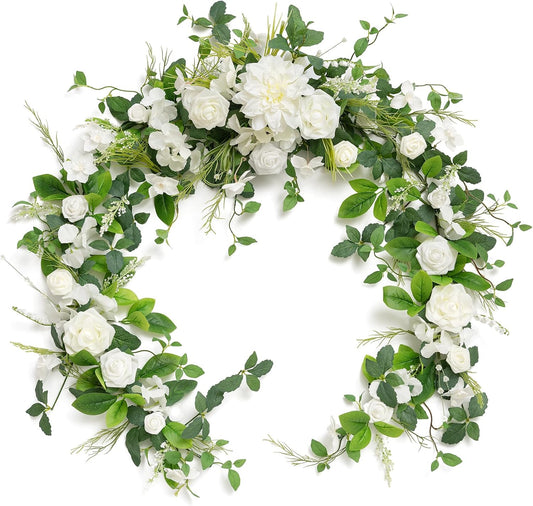 Ling's moment Flower Garland - 6FT Eucalyptus & Rose - Sweetheart Table Decor for Wedding Reception, Artificial Floral Garland for Mantle, Spring, Christmas Decoration, White & Lily