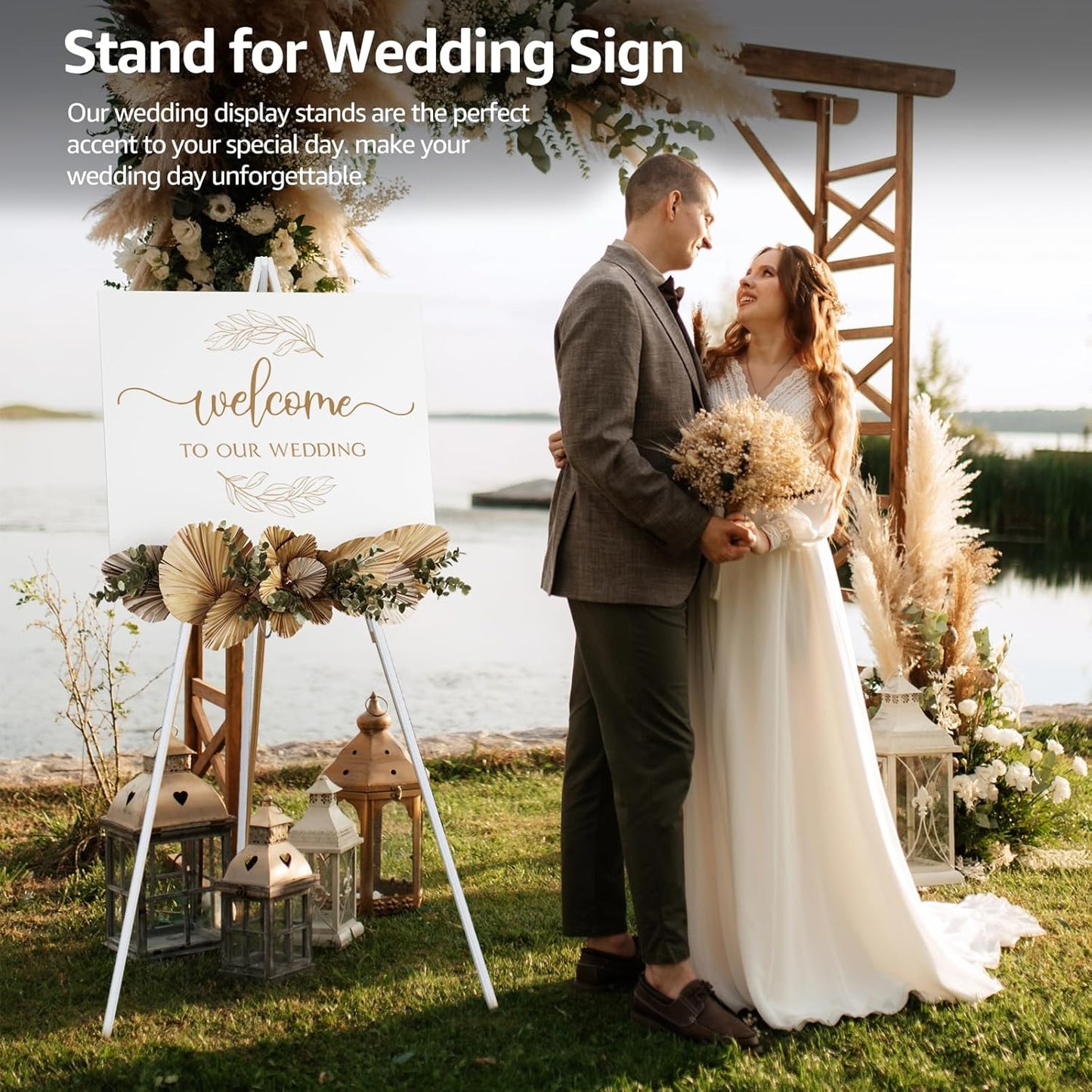 NianFeng Wooden Easel Stand for Sign, Easel Display Stand Floor for Wedding Sign with Adjustable Tray, 63-Inch, Tripod A-Frame Poster Light Duty, Welcome, Art Show & Baby Shower (White)