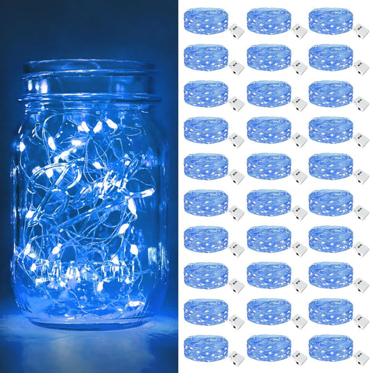 btfarm 30 Pack Fairy Lights Battery Operated [3 Modes], 7ft 20 Led Twinkle Lights String Lights Waterproof Bulk Small Mini Silver Wire for Mason Jars Vases Wedding Table Centerpiece, Blue