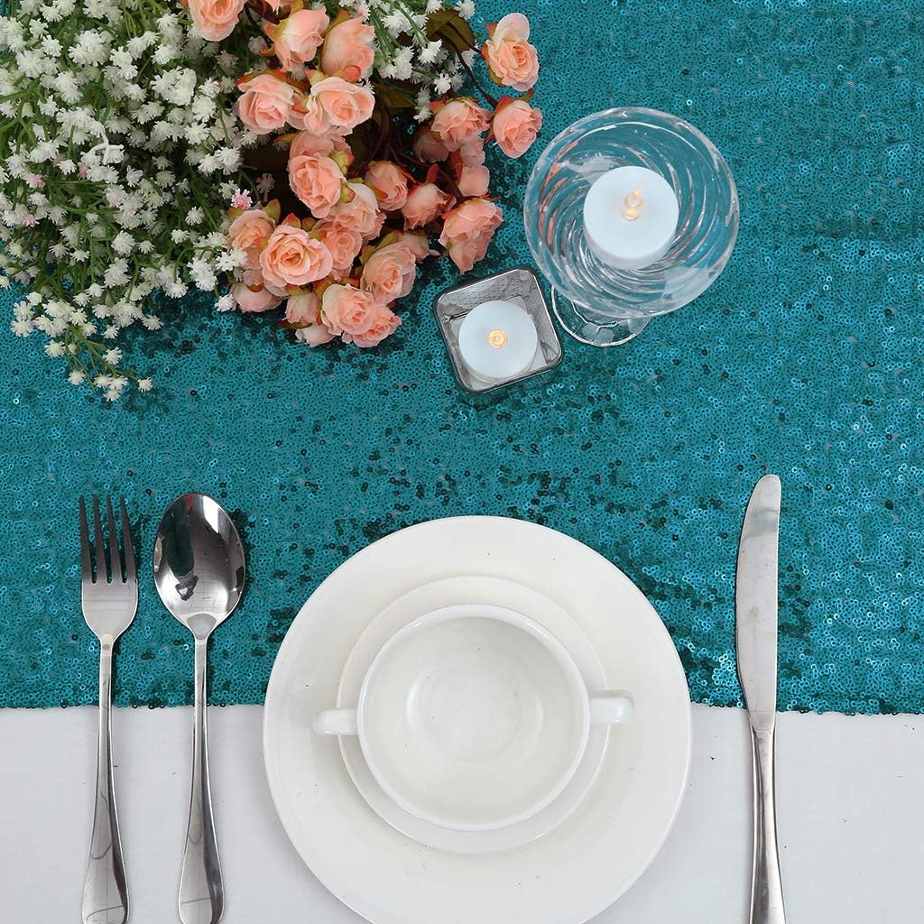 Eternal Beauty Teal Table Runner , 5PCS-12X108 Sequin Table Runner Decorations for Birthday Parties, Banquets, Graduations,Christmas