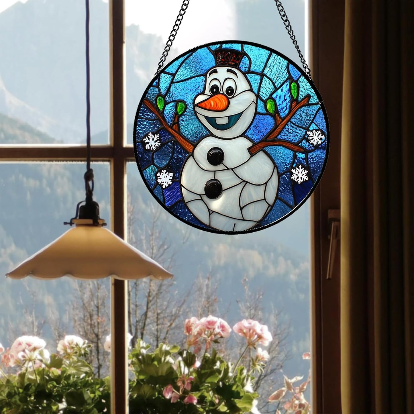 Stained Glass Window Hanging Christmas Funny Snowman 15" - Suncatcher Door Garden Blue White Snowflakes Sun Catcher New Year Birthday for Friend Mom Men Woman Nana