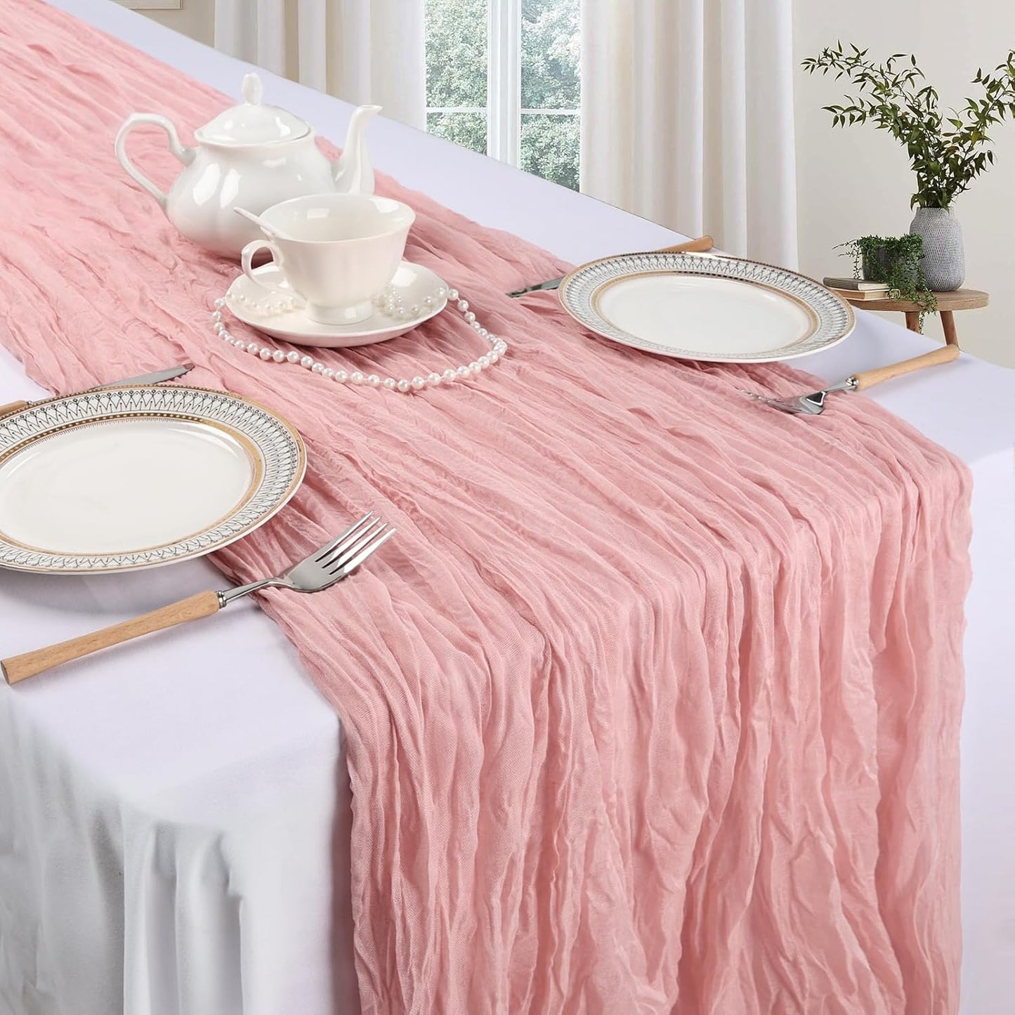 12 Pack Dusty Pink Cheesecloth Table Runner 10ft Boho Gauze Fabric Cheese Cloth Table Runner 35 x 120 Inch Rustic Sheer for Romantic Wedding Decor Baby Shower Party Table Centerpiece Decoration