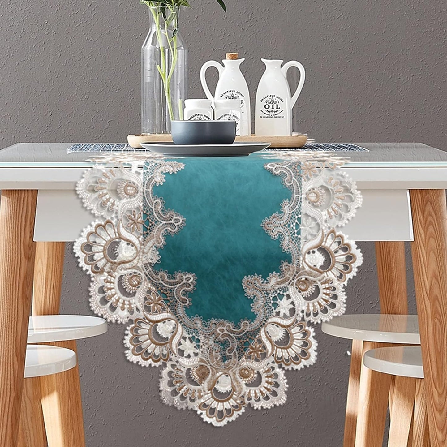 Vintage Lace Dining Table Runner, 120 Inches Floral Coffee Table Runners for Kitchen Home Christmas Party Decorations (16x120 inch, Cyan)