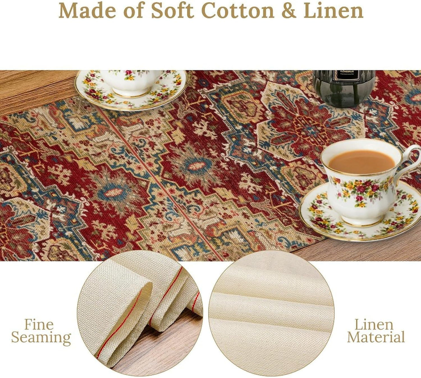 Boho Bohemia Style Table Runner, Vintage Red Brown Retro Flower Rustic Country Style Floral Print Pattern for Home Kitchen Table Decor Dining Coffee Room Garden Party Decor 13x108in