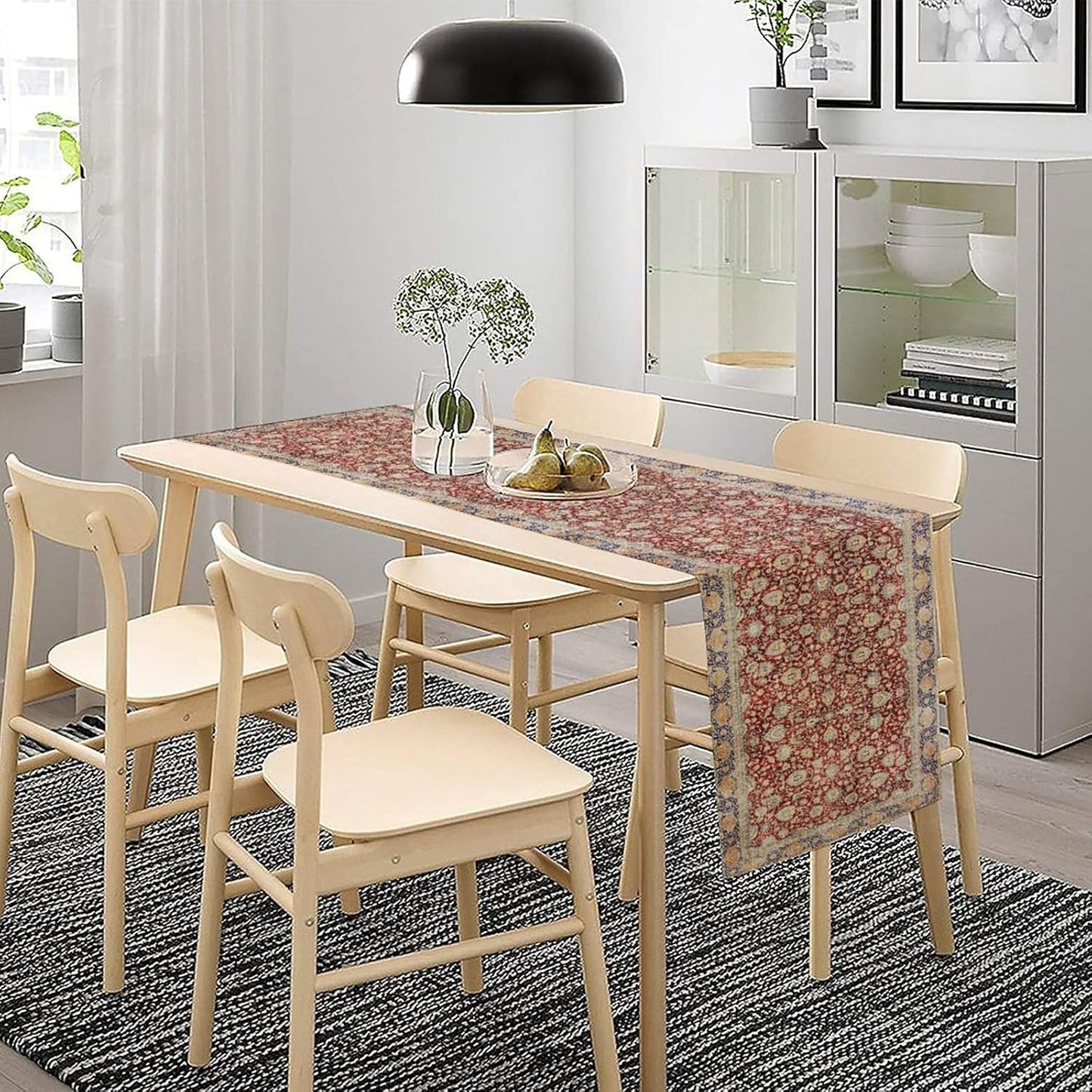 Boho Bohemia Style Table Runner, Vintage Red Blue Retro Flower Rustic Country Style Floral Print Pattern for Home Kitchen Table Decor Dining Coffee Room Garden Party Decor 13x36in