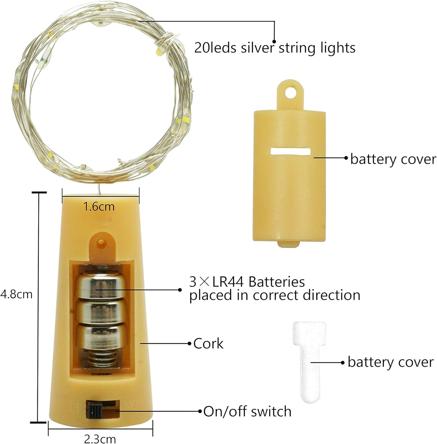 20 LED Wine Bottle Lights with Cork, 15 Pack Battery Operated Cork Shape Fairy Light Waterproof Mini Copper Silver Wire String Lights for Party, Wedding, Christmas, Bedroom Decor (Cold White)