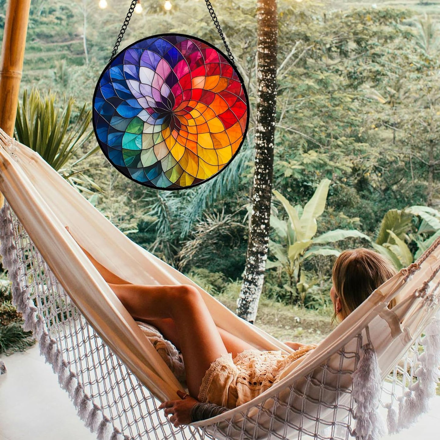 Stained Glass Window Hanging - Colorful Flowers Sun Catcher for Door Terrace Garden Home Decor, Abstract Gradient Suncatcher Birthday Gifts for Lovers Women Men Dad Mom Nana 7.8 in