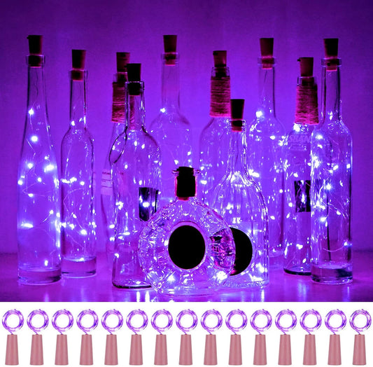 Wine Bottle Lights with Cork 15Pack 10 LED 40 Inches Battery Operated Silver Wire Liquor Fairy Mini String Lights for Party Christmas Halloween Wedding Decoration (Purple)