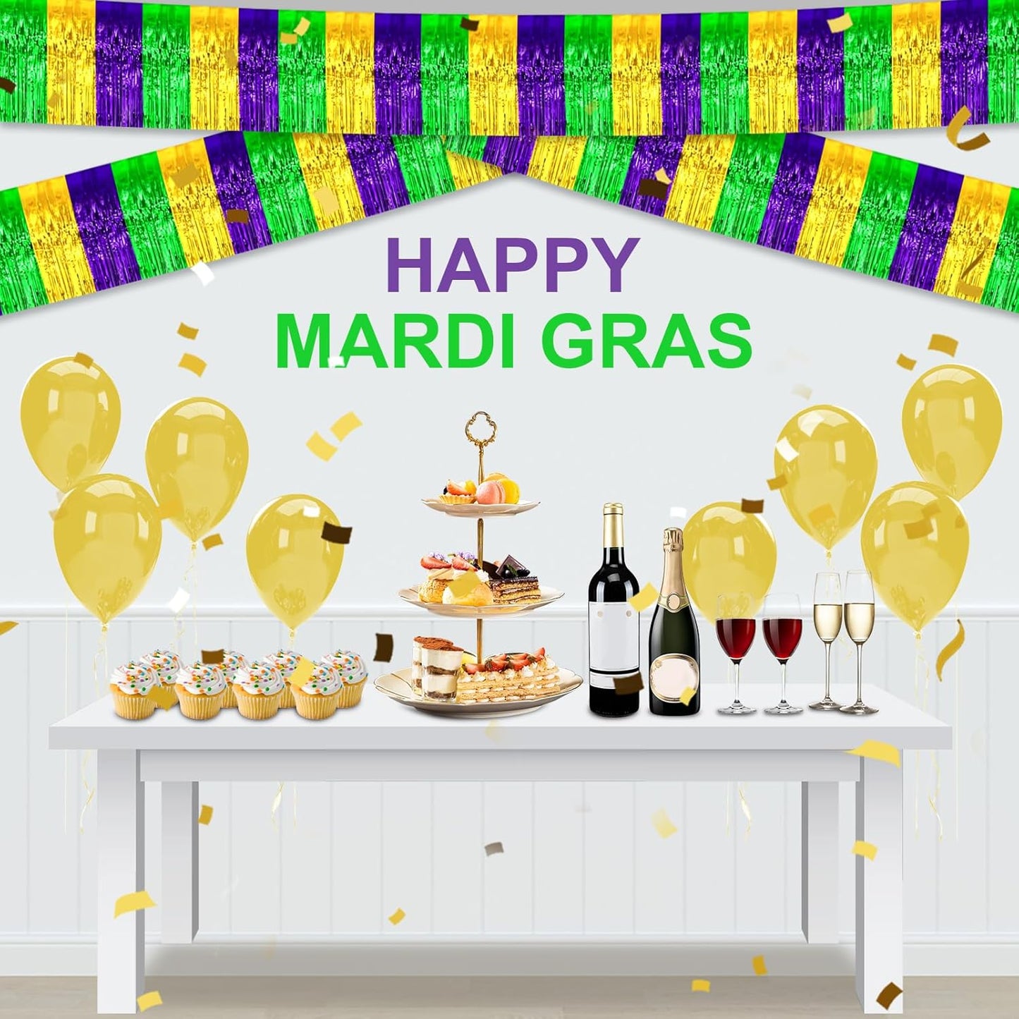 4 Pack 10 Feet Gold Green Purple Foil Fringe Garland Metallic Tinsel Streamers Banner Wall Hanging Curtain Backdrop for Parade Floats, Wedding, Graduate, Mother's Day, Birthday Party Decoration