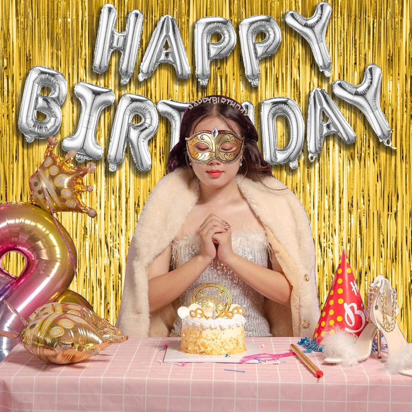 2 Pack Gold Fringe Curtain Backdrop Tinsel Streamers Birthday Party Decorations Christmas Photo Booth Backdrop New Year Halloween Graduation Baby Shower Theme Party Decorations