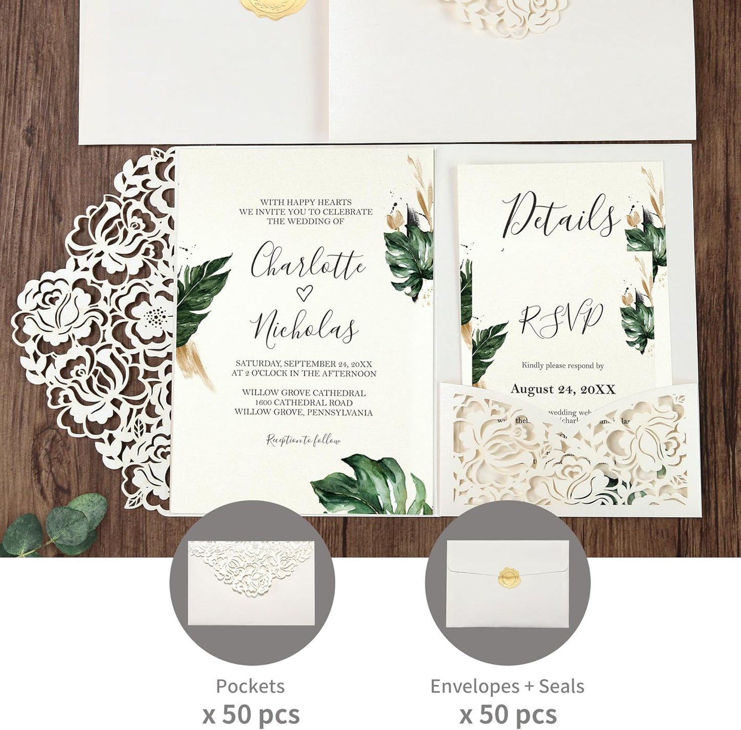 DORIS HOME 50pcs Laser Cut Wedding Invitation Pockets with Envelopes Ivory White, 5.12" x 7.12"Invitation Cards for Wedding, Anniversary (No Inserts Included)