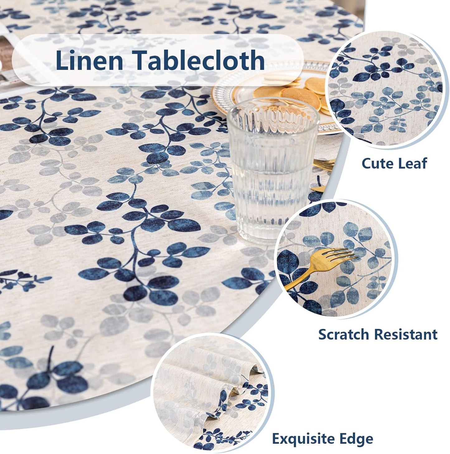 MYSKY HOME Floral Print Rectangle Tablecloth Waterproof Rectangular Table Cloth Linen Farmhouse Tablecloths for Kitchen Dining Spring Leaves Tablecloth for 4 Feet Table，60 x 84 Inches, Blue