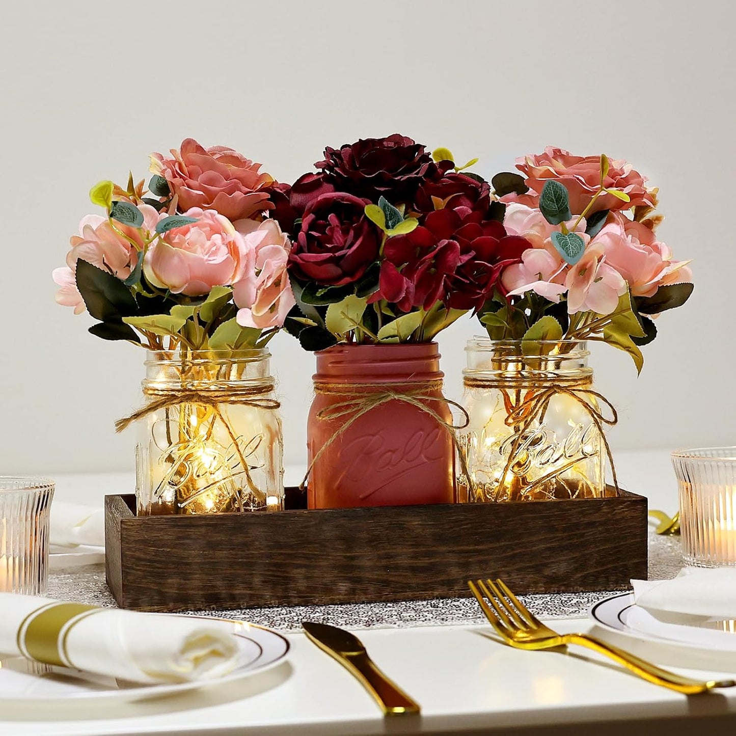 Mason Jar Lights Centerpiece for Table, Mason Jar Centerpiece Decor for Dining Room Farmhouse Coffee Table Decor with Wood Tray Fairy Lights Peony Flowers for Kitchen Living - Burgundy Pink