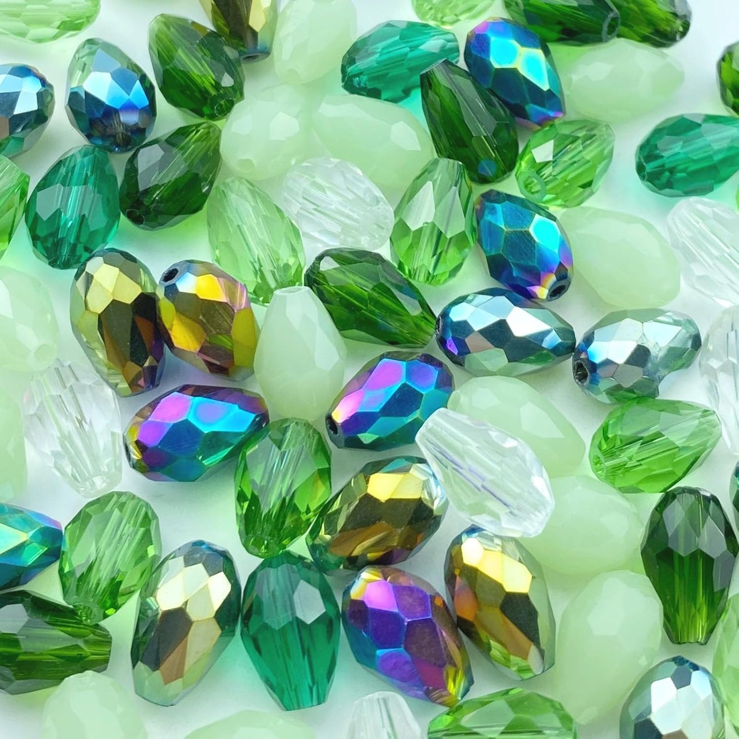 70pcs 8x12mm Teardrop Crystal Glass Beads Vertical Hole Faceted Loose Spacer Beads for DIY Craft Jewelry Making Necklace Bracelet Earring Wind Chimes(Green Series)