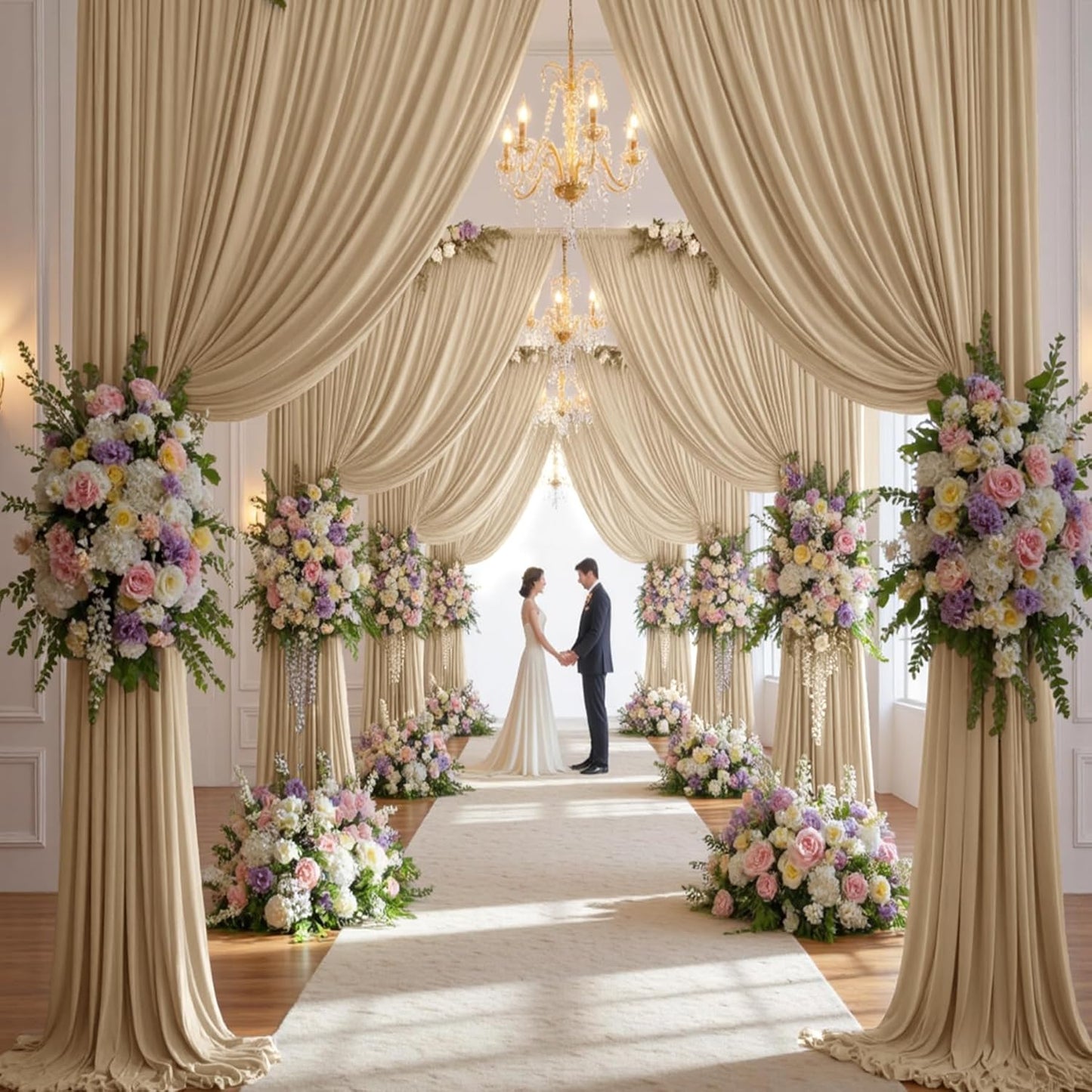 20×14 ft Wrinkle Free Beige Backdrop Curtain for Weddings Parties, 4 Panels 14ft Silky Polyester Wedding Drapes Backdrop Photo Back Drop Cloth for Birthday Baby Shower Photography Backgrounds