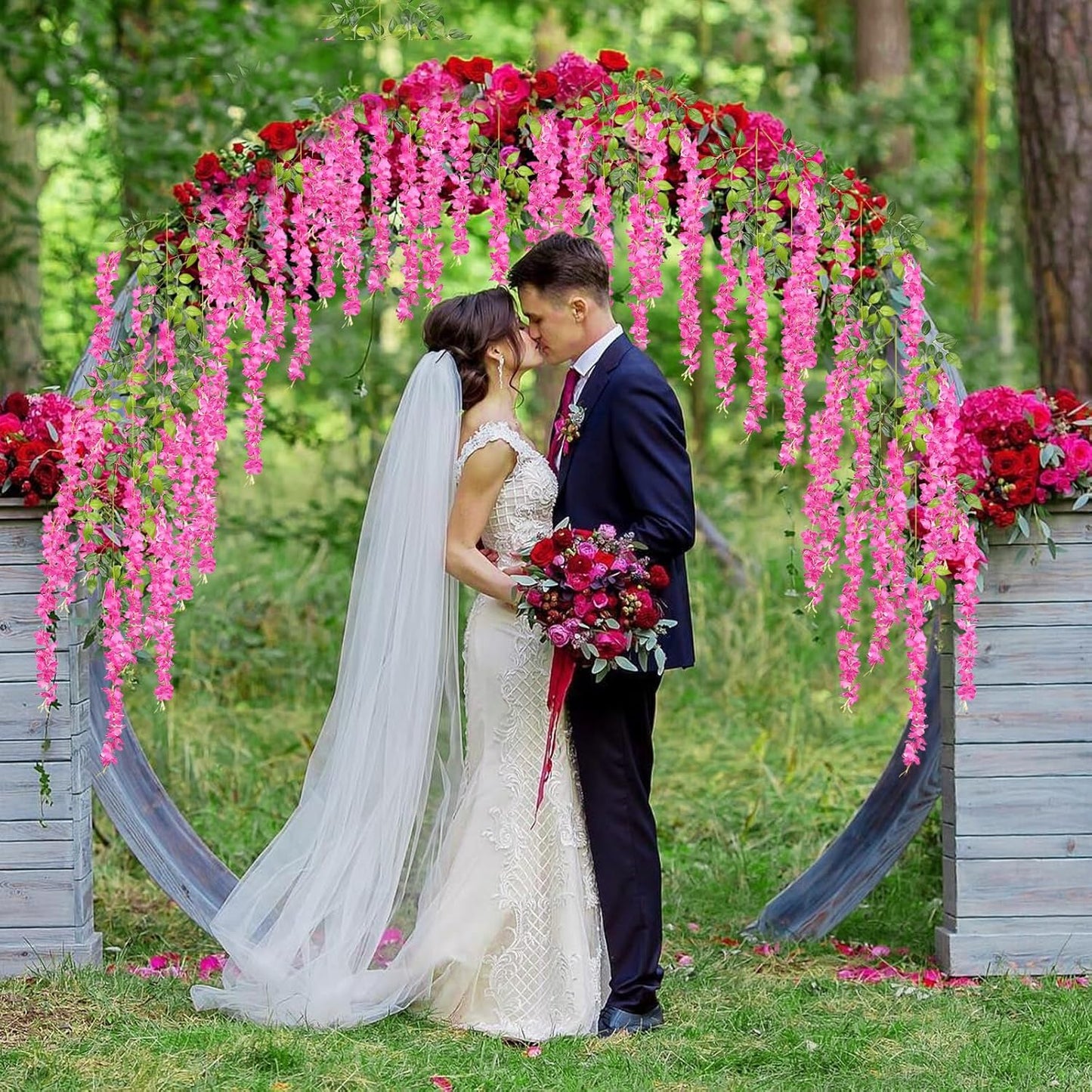 5 Pack Fuchsia Wisteria Hanging Flowers, 3.44 Ft Fake Hanging Flowers, Artificial Wisteria Garland Vines for Wedding Room Backdrop Outdoor Patio Garden Decoration