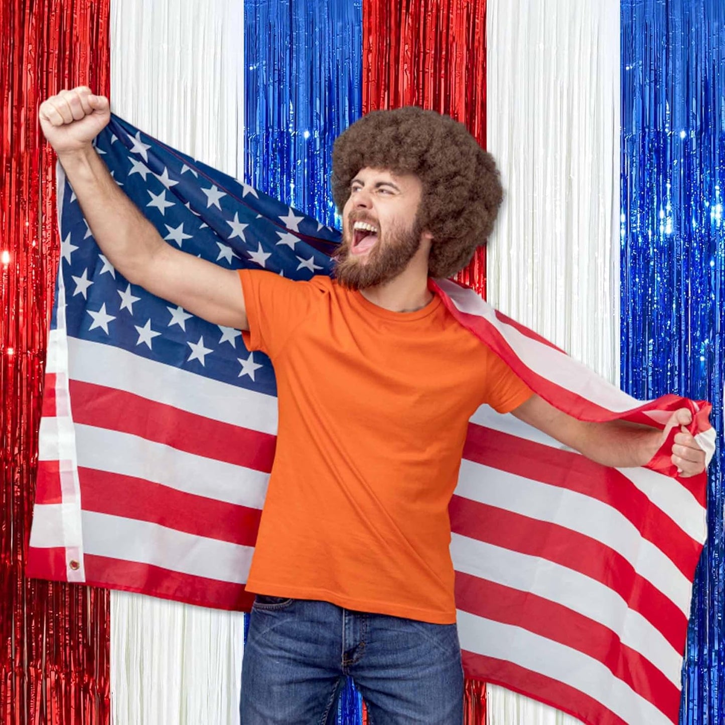 6 Pack White Blue Red Foil Fringe Curtains Backdrop, 3.28 x 8.2 Ft Metallic Streamers Tinsel Curtains Background for Photo Booth, Birthday, Weddings, Carnivals, Graduation, Themed Party Decorations