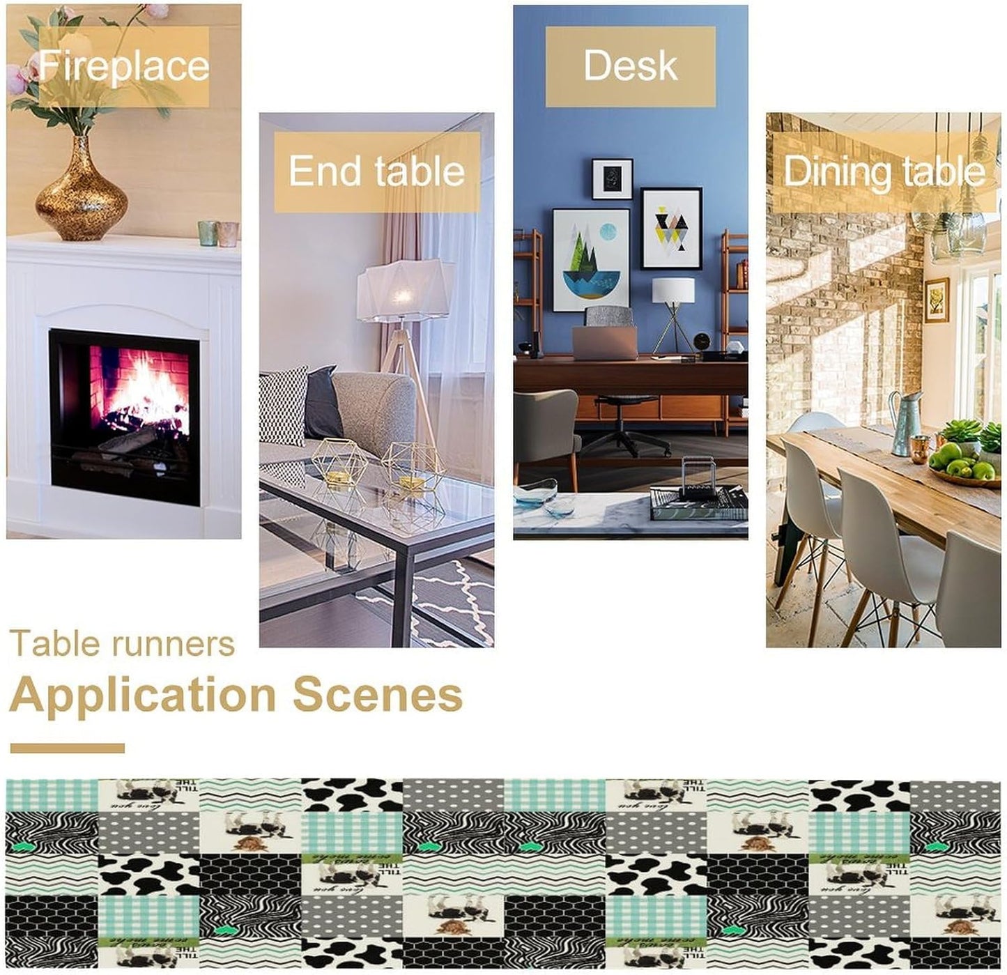 Cute Cow Print Table Runner,Farm Animals Honeycomb Plaid Stripes Cowhide Pattern Tablecloth Burlap for Hotel Indoors Outdoor Dining Room Kitchen Table Decor, 13x60in