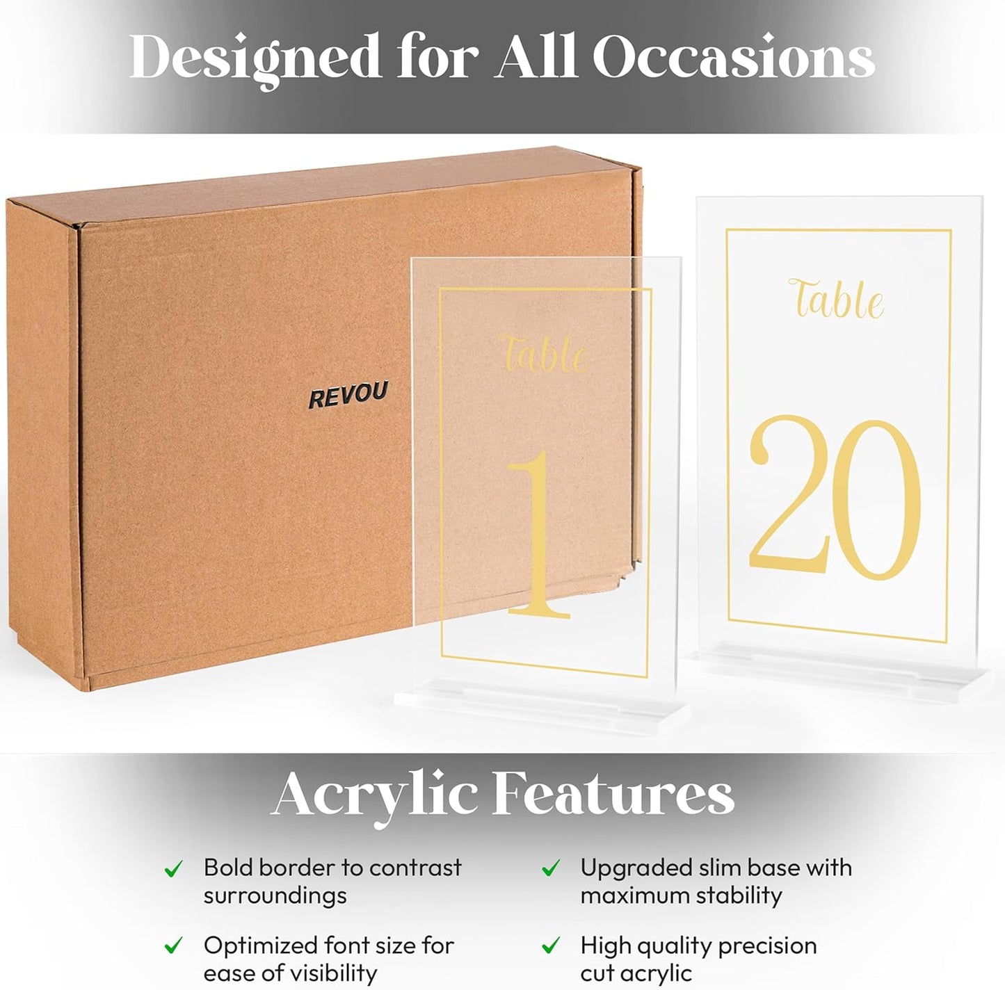 Acrylic Table Numbers 1-20 with Stand, Printed Gold Font on 4x6 inch Acrylic, Clear Table Number Signs and Holders, Centerpiece for Events, Weddings, Reception, Party, Anniversary, and Decoration