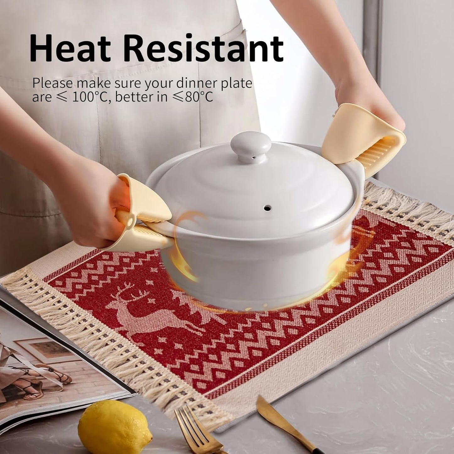 Placemats Set of 4,Elk Placemat with Tassel Fringe,Christmas Placemats for Coffee Table Western Restaurant