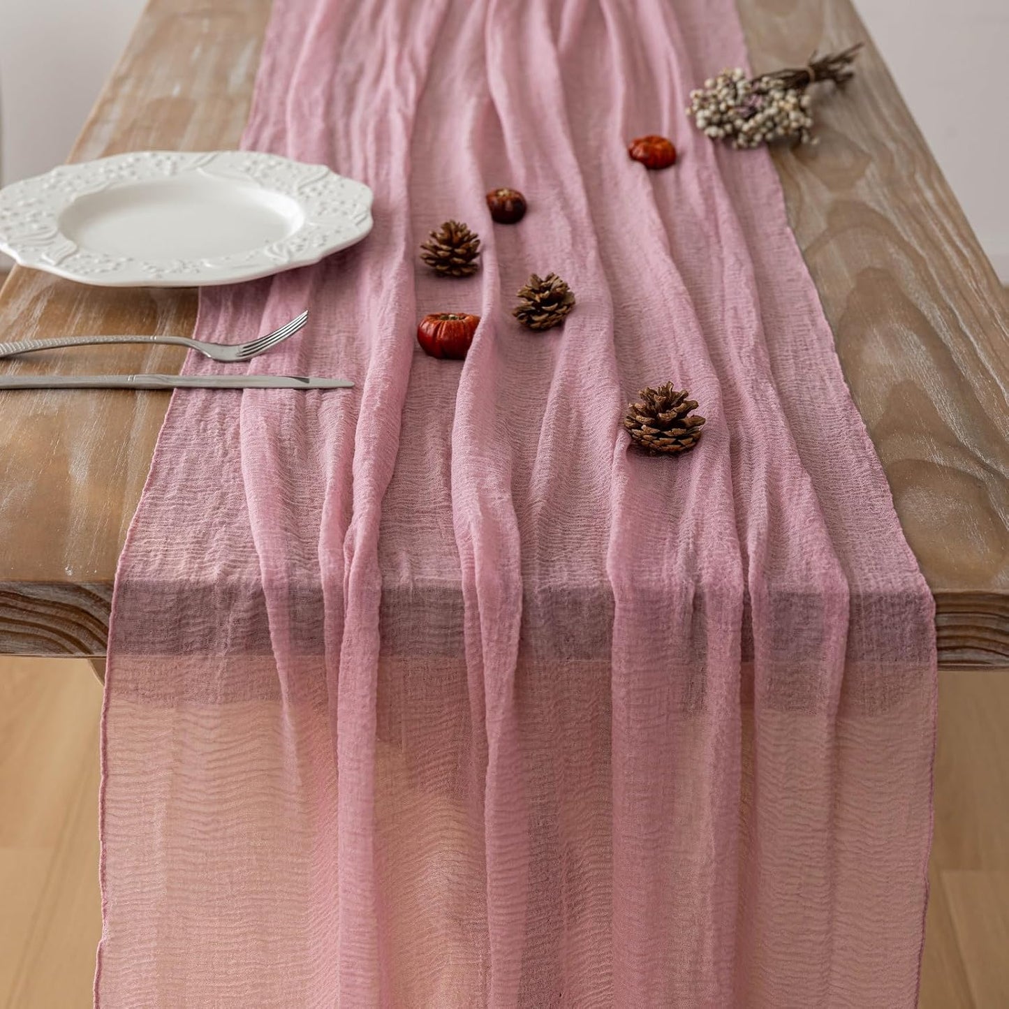 Table Runner Dusty Rose Cheesecloth Gauze 120 Inch 10 FT Rustic Boho Cheese Cloth Runner for Wedding Baby Shower Bridal Shower Garden Party Sheer Home Decorations