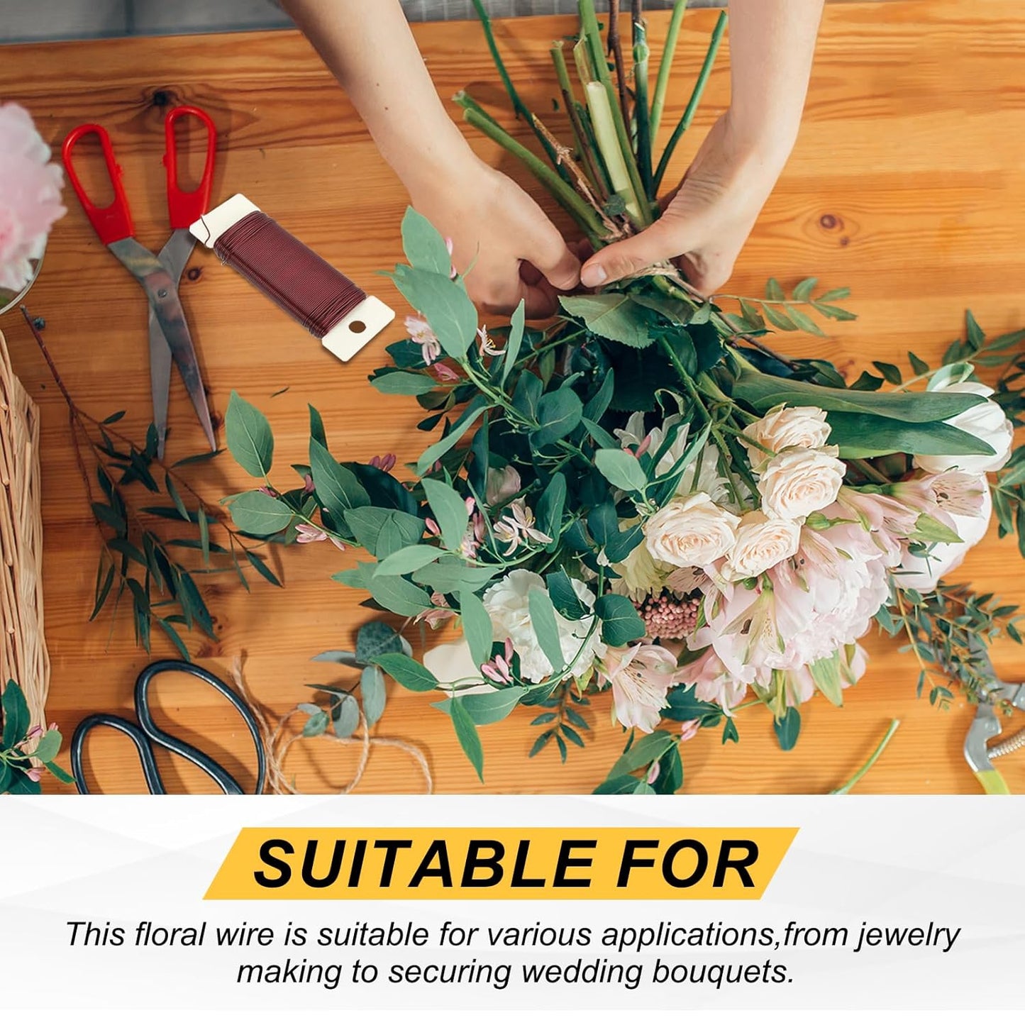 MECCANIXITY 114 Yards/345 Feet Metal Floral Wire 21 Gauge Gold Tone Flexible Paddle Thin Floral Wires for Craft, Christmas Wreath, Flower Arrangement, Wedding, Total 3 Roll