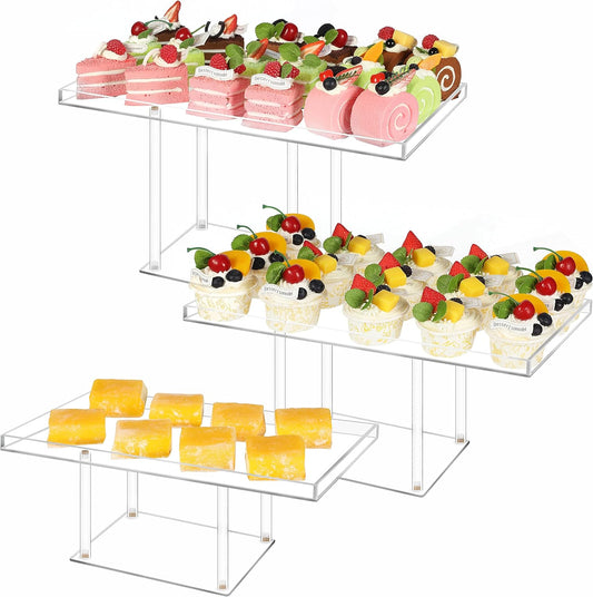 3 Pack Dessert Table Display Set, Clear Acrylic Desert Stands Buffet Risers for Cupcakes Dessert Pastry Food Treat Tier Cookie Dessert Platter Serving Trays Stand for Wedding Birthday Party