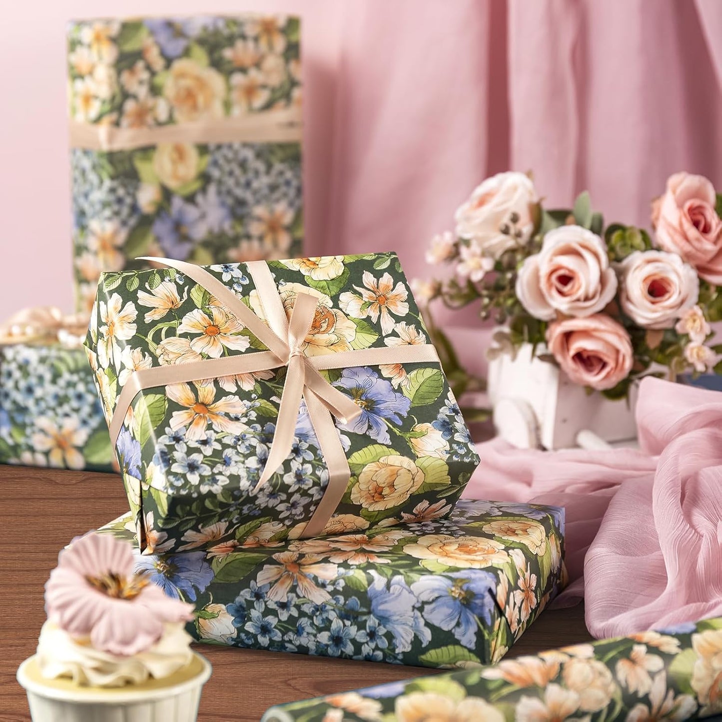 WRAPAHOLIC Kraft Floral Wrapping Paper Roll - Mini Roll - 17 Inch x 16.5 Feet - Vintage Flower Wrapping Paper Perfect for Wedding, Birthday, Bridal Shower, Tea Party