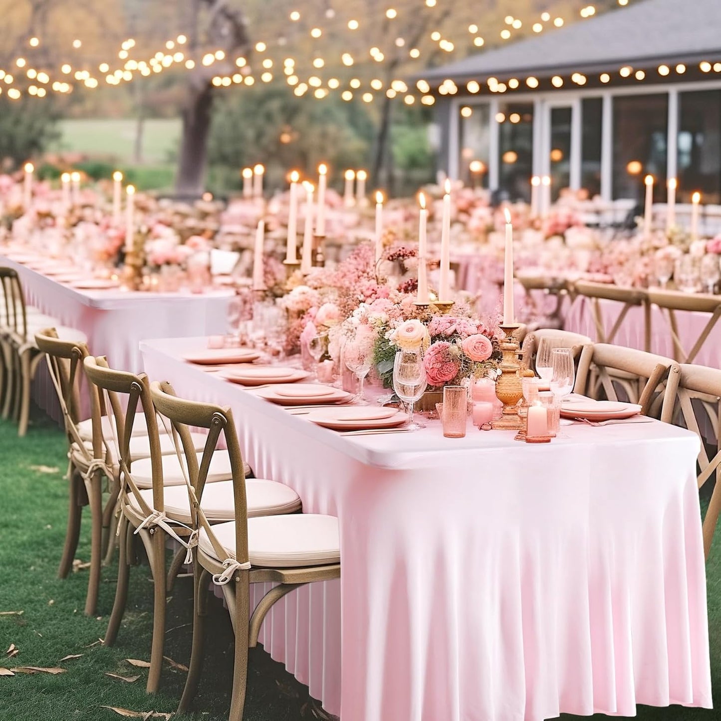 Wish Care 2 Pack Pink Spandex Table Clothes for 4 Foot Rectangle Tables, 4FT Wrinkle Free Fitted Tablecloths Ruffles Design Table Cover for Party, Banquet, Wedding and Events