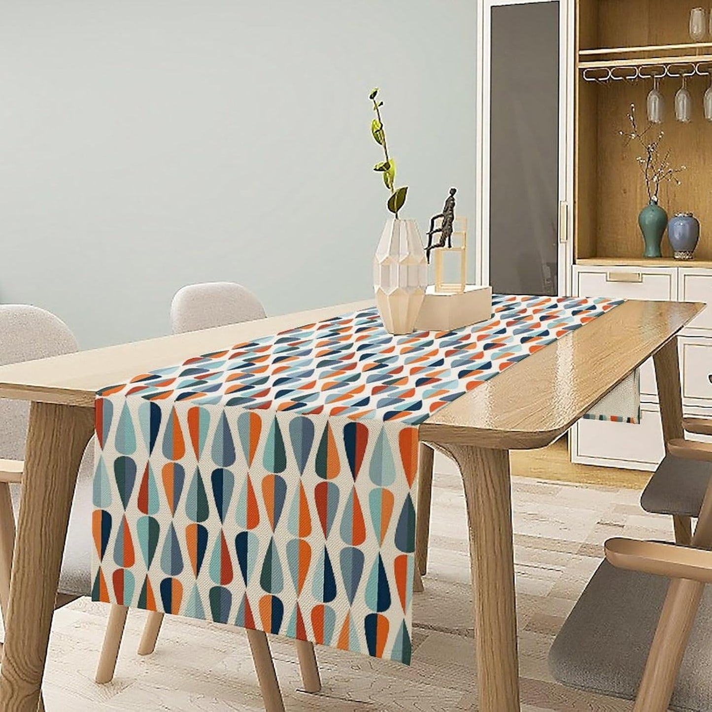 Mid Century Table Runner, Modern Style Retro Pattern Droplet Shapes Mosaic Tones Pattern Print for Home Kitchen Table Decor Dining Coffee Room Party Decor 13x120in