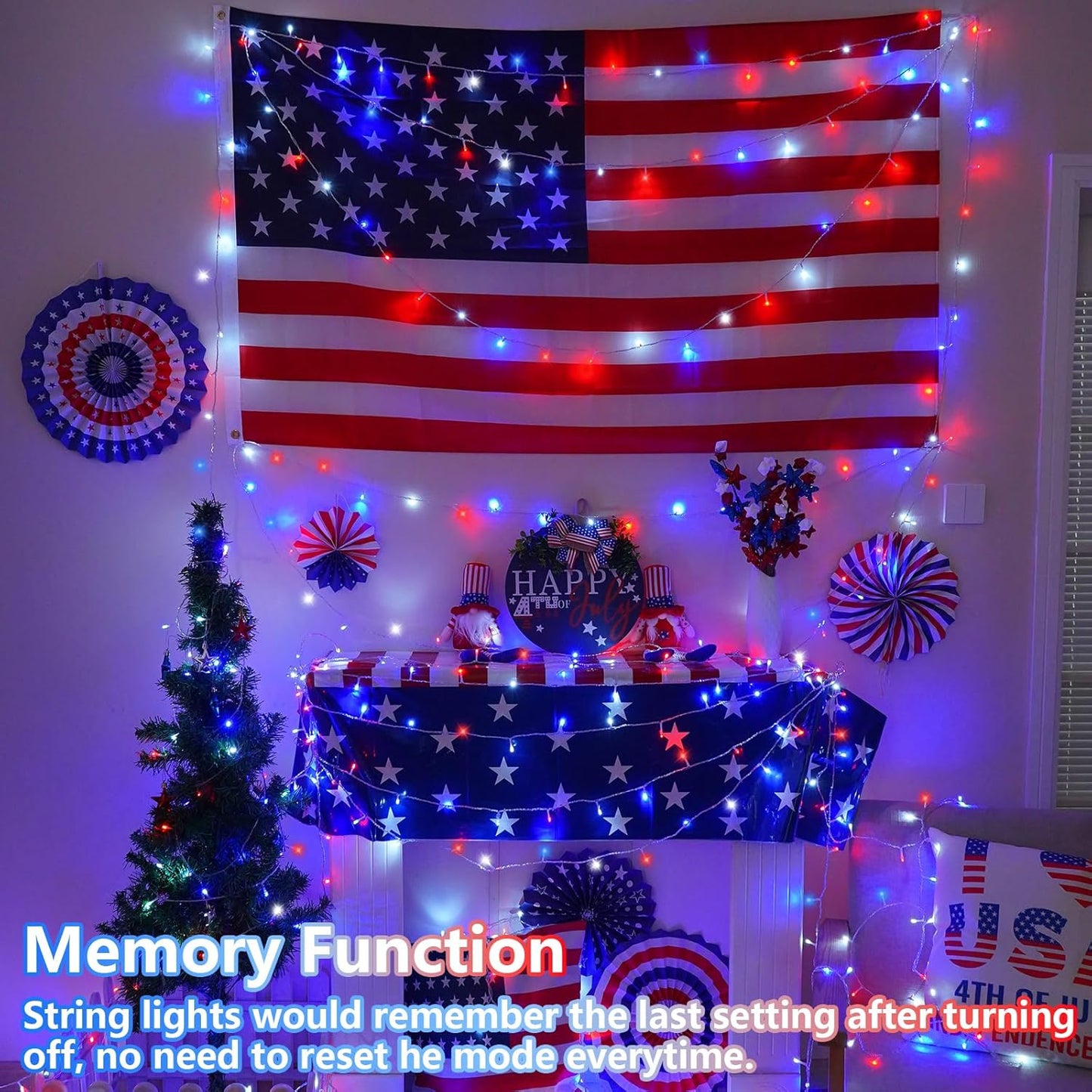 YEGUO 165ft 500 LED Red White and Blue Lights, 4th of July Decorations String Lights Plug in Indoor Outdoor, 8 Modes Clear Wire Patriotic Light for Independence Day Holiday Memorial Day Party Decor