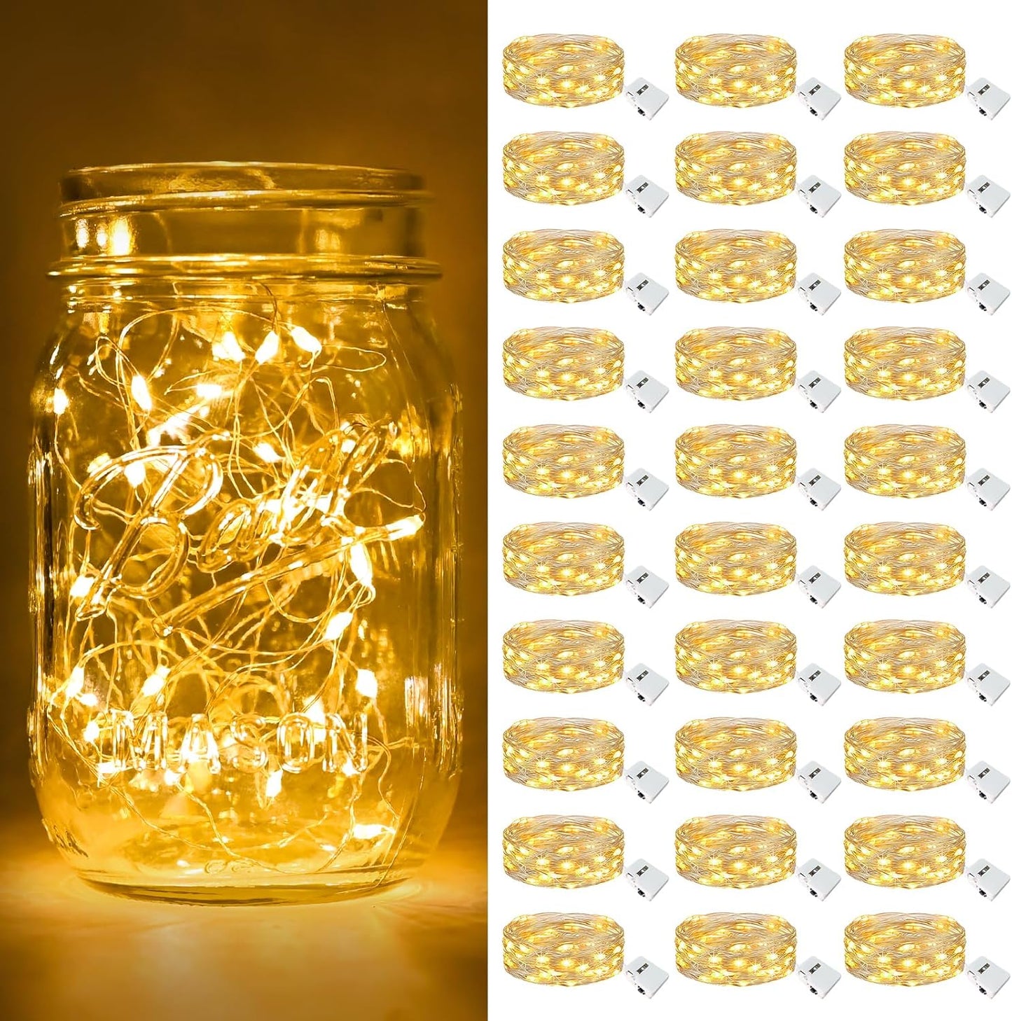 btfarm 30 Pack Fairy Lights Battery Operated [3 Modes], 7ft 20 Led Twinkle Lights String Lights Waterproof Bulk Small Mini Silver Wire for Christmas Mason Jars Wedding Table Centerpiece, Warm White