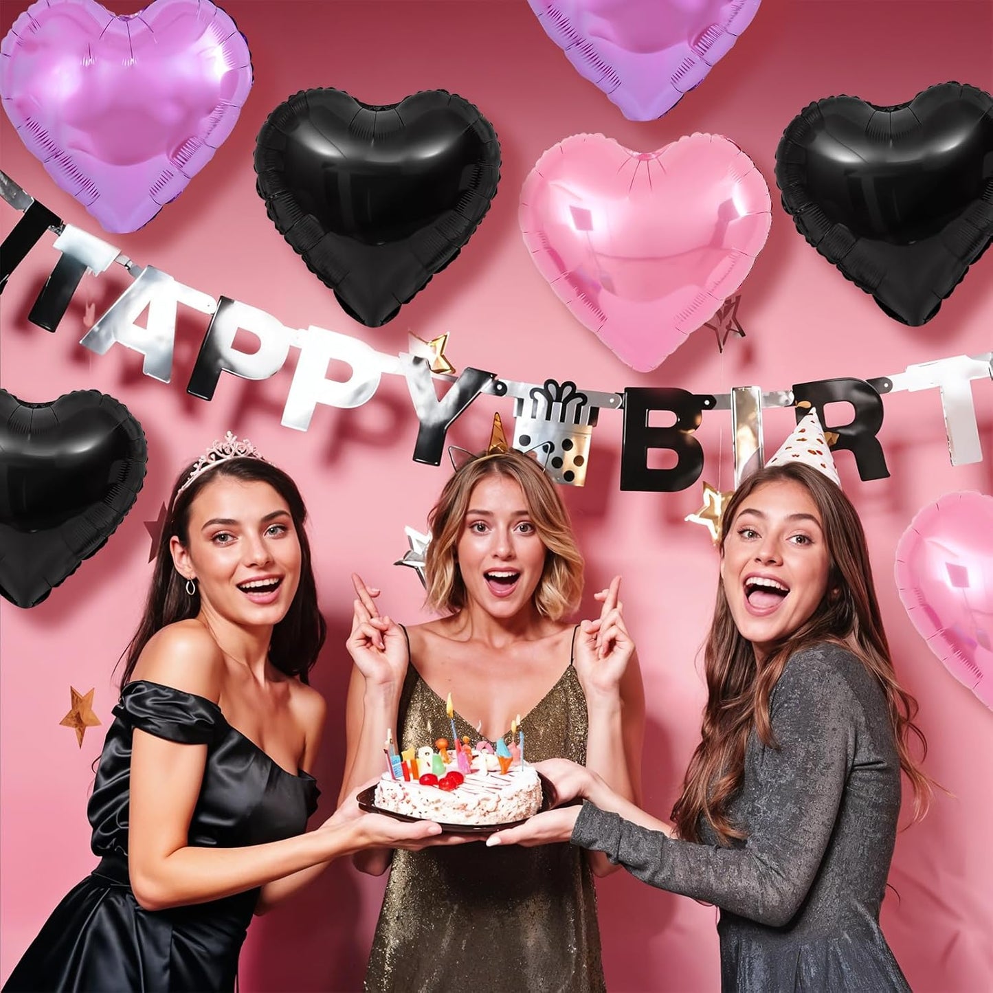 Pink Purple Heart Balloons,12Pcs Black Pink Heart Shaped Foil Balloons,18Inch Purple Pink Helium Polyester Film Balloon for Baby Shower Birthday Anniversary Wedding Party Decorations