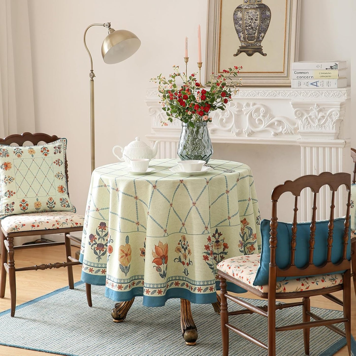 ISAENNE Designer Linen Floral Small Round Tablecloth,Light Green Farmhouse Durable Table Cloth,Washable Decor Tablecloths for Dining Kitchen Thanksgiving Christmas,Diameter 55"-Floralsea B