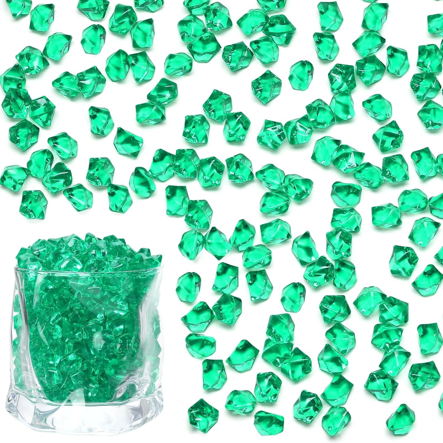 LAIDANLA 500PCS Dark Green Acrylic Gems Vase Fillers Green Fake Ice Cubes Plastic Diamonds Fake Crushed Rocks for Centerpiece DIY Party Table Scatter Prop Wedding Decoration Accessories
