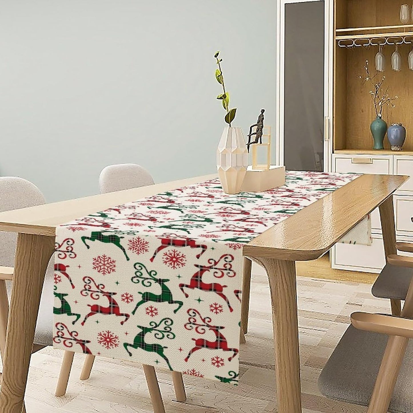 Christmas Table Runner,Christmas Plaid Deer Print Farmhouse Table Cloth Kitchen Dining Table Decoration for Home Party Decor 13x60 Inch