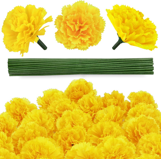 30 Pcs Artificial Marigold Flowers,3.54" Silk Marigold Flower Heads with Stems,Yellow Flowers Artificial for Diwali Decor,Indian Wedding,Home,DIY Wreath Garland,Day of The Dead Decorations
