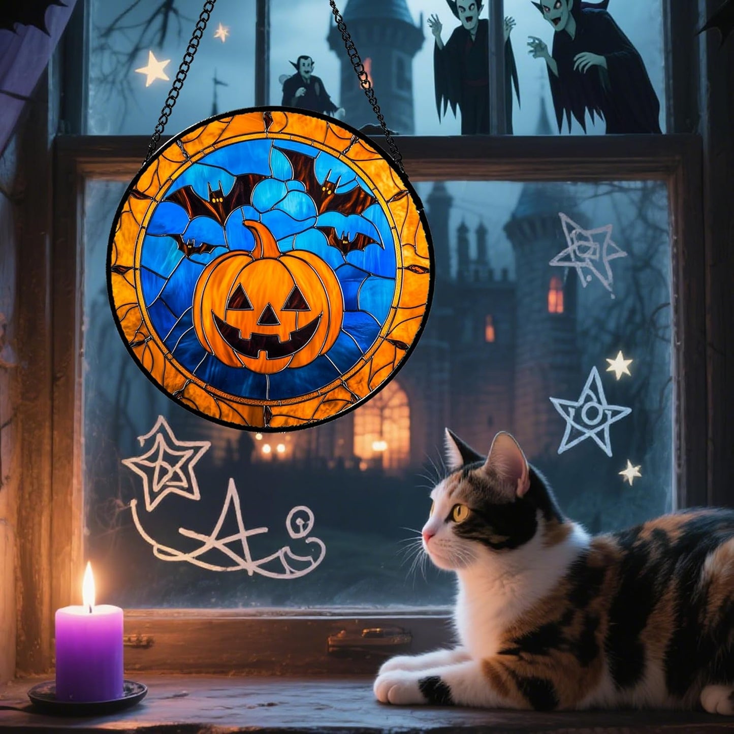 Stained Glass Window Hanging - Halloween Evil Pumpkin Suncatcher for Doors Window Garden Indoor Spooky Brown Bat Sun Catchers Gothic Decor Horror Gifts for Women Men Friend Boy Girl 7.8 in